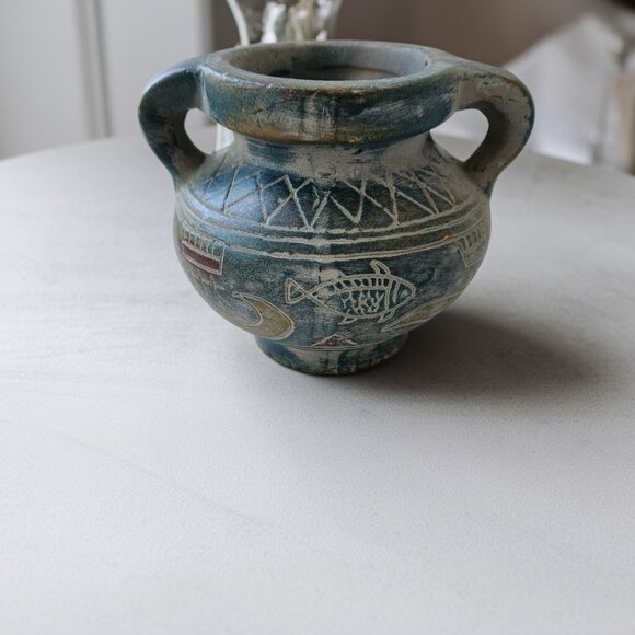 Mediterranean Boats & Fish Motif Pottery Jar: Greek Style Double Handle Vase - Picture 5 of 13
